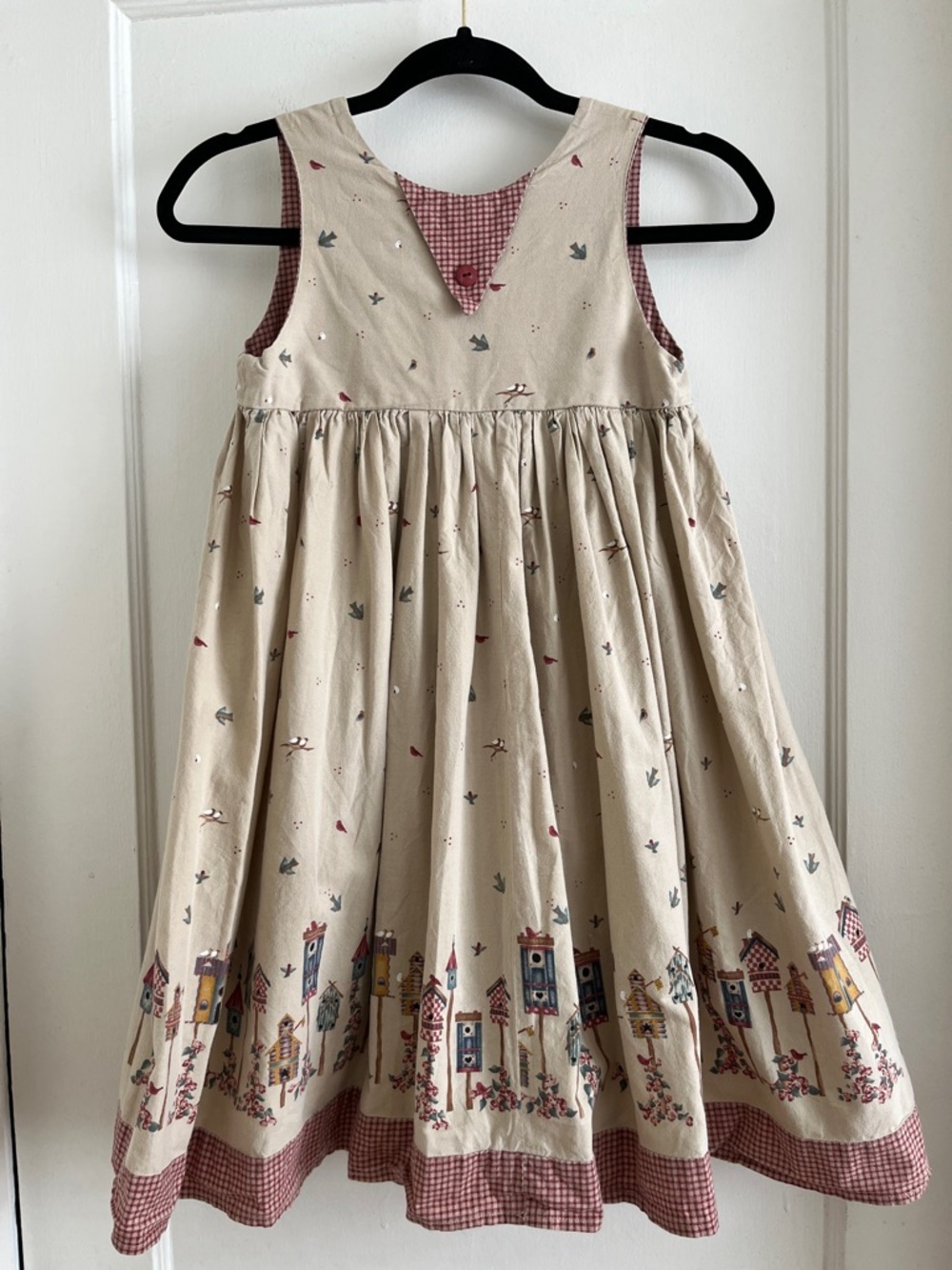 Girls Handmade Cotton Vintage 90s Bird & Birdhouse Country Jumper Dress - Picture 3 of 14